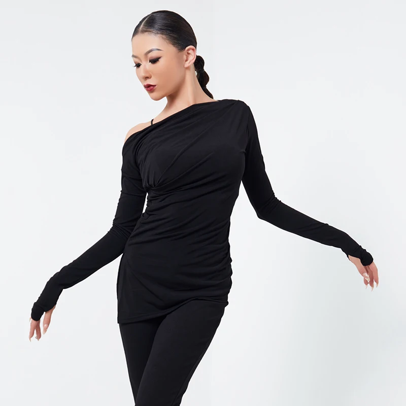 2024 Latin Dance Practice Clothes Oblique Shoulder Long Sleeved Shirts Chacha Rumba Tango Adult Latin Performance Tops DQS16293