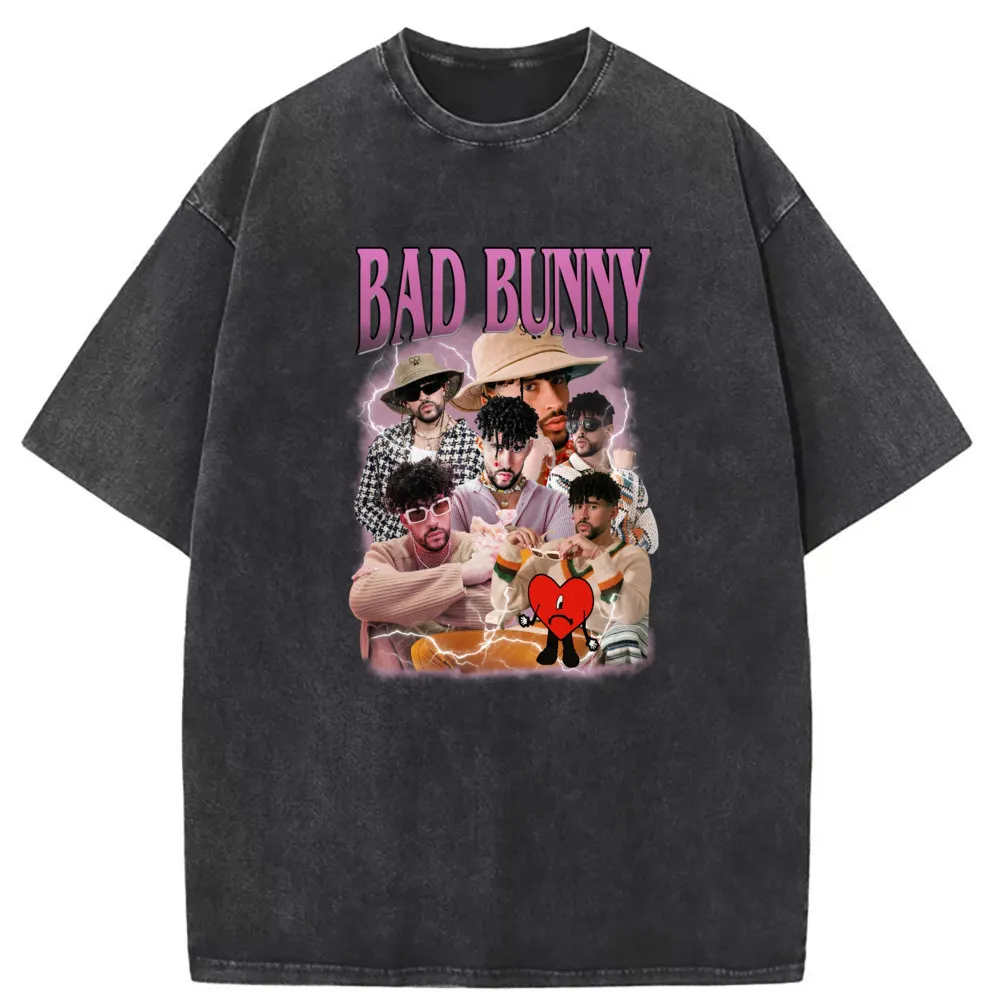 

Bad Bunny Tshirts Men Retro Washed Tshirt Sweatshirts Women Long Sleeve HipHop Style High Quality Autumn Print Tops T Shirt