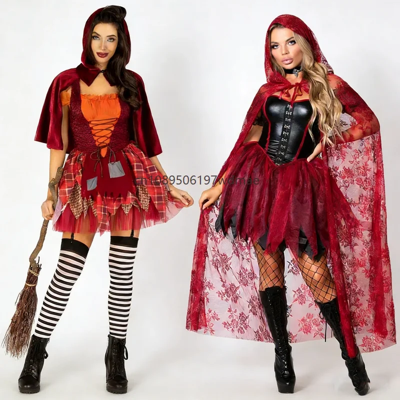

Women Carnival Red Hood Costume Gothic Retro Magic Witch Outfit Lady Cosplay Fancy Party Performance Lolita Dress