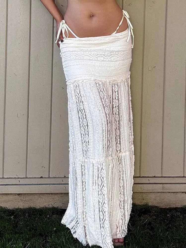 

BKQU Сексуальная ажурная кружевная юбка для женщин, праздничная прозрачная текстурированная макси-юбка трапециевидной формы с низкой талией, лето 2025, элегантная женская уличная юбка