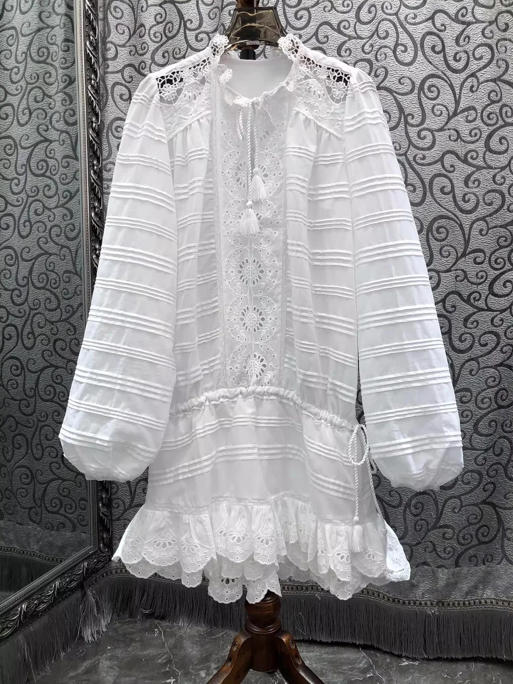 

Top Quality New Summer Dress 2026 Fashion Style Women Hollow Out Embroidery Tassel String Long Sleeve White Dress Above Knee