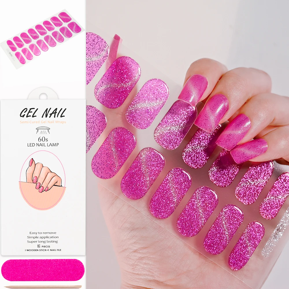 16Tips/Sheet Sparkly Glitter UV Gel Sticker Nail Wraps Semi Cured Gel Polish Nail Strips Long-Lasting Slider Nail Gel UV Sticker