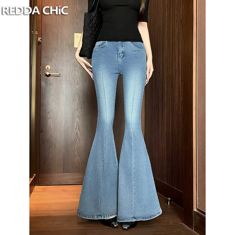 

ReddaChic Women Center Seam Flare Jeans Minimalist Korea Stretch Distressed Slim Fit Bootcut Pants Office Vintage Bell Bottoms