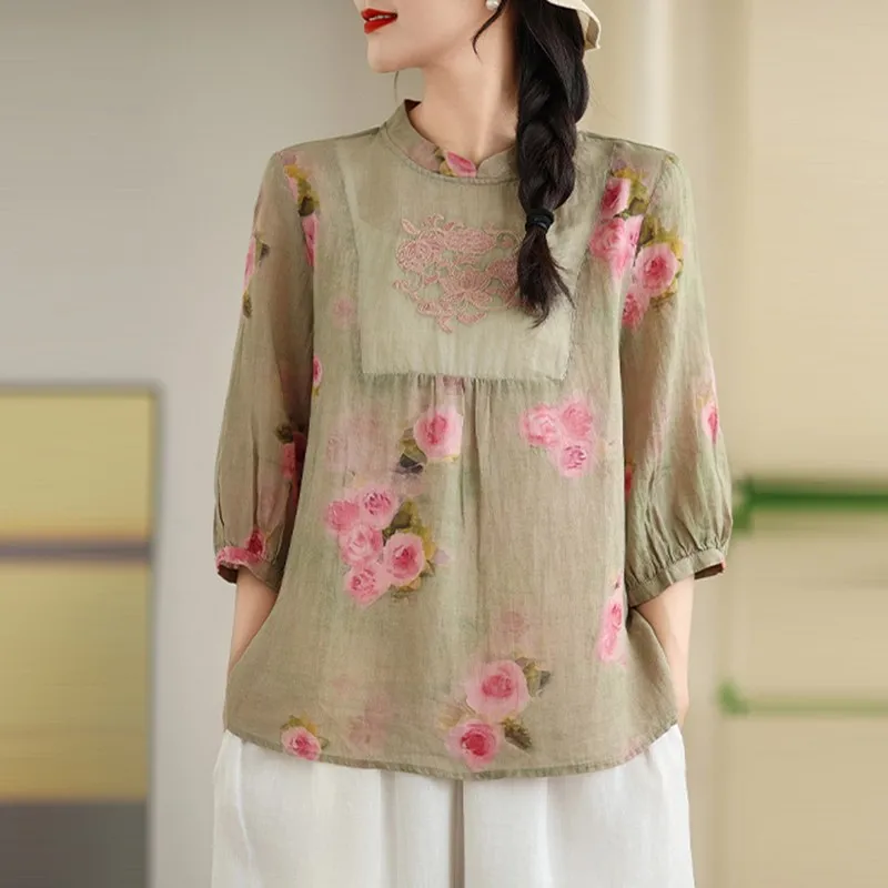 Women Casual Blouses Shirts New 2024 Summer Chinese Style Vintage Embroidery Floral Print Loose Female Tops Shirts B3862