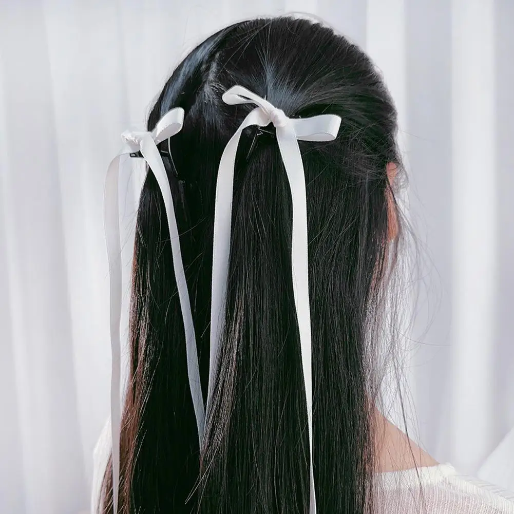 2pcs Ins Style Y2K Ponytail Hair Clip Ribbon Bow Shark Clip Hair Bows Women Korean Long Tassel Ribbon Hairpin Hair Accessories