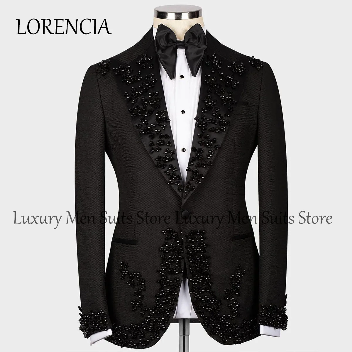 

Black Beading Formal Crystals Black Pearls Suit Men For Wedding Party Groom Slim Fit Man Tuxedos Prom Party Blazer Tailored