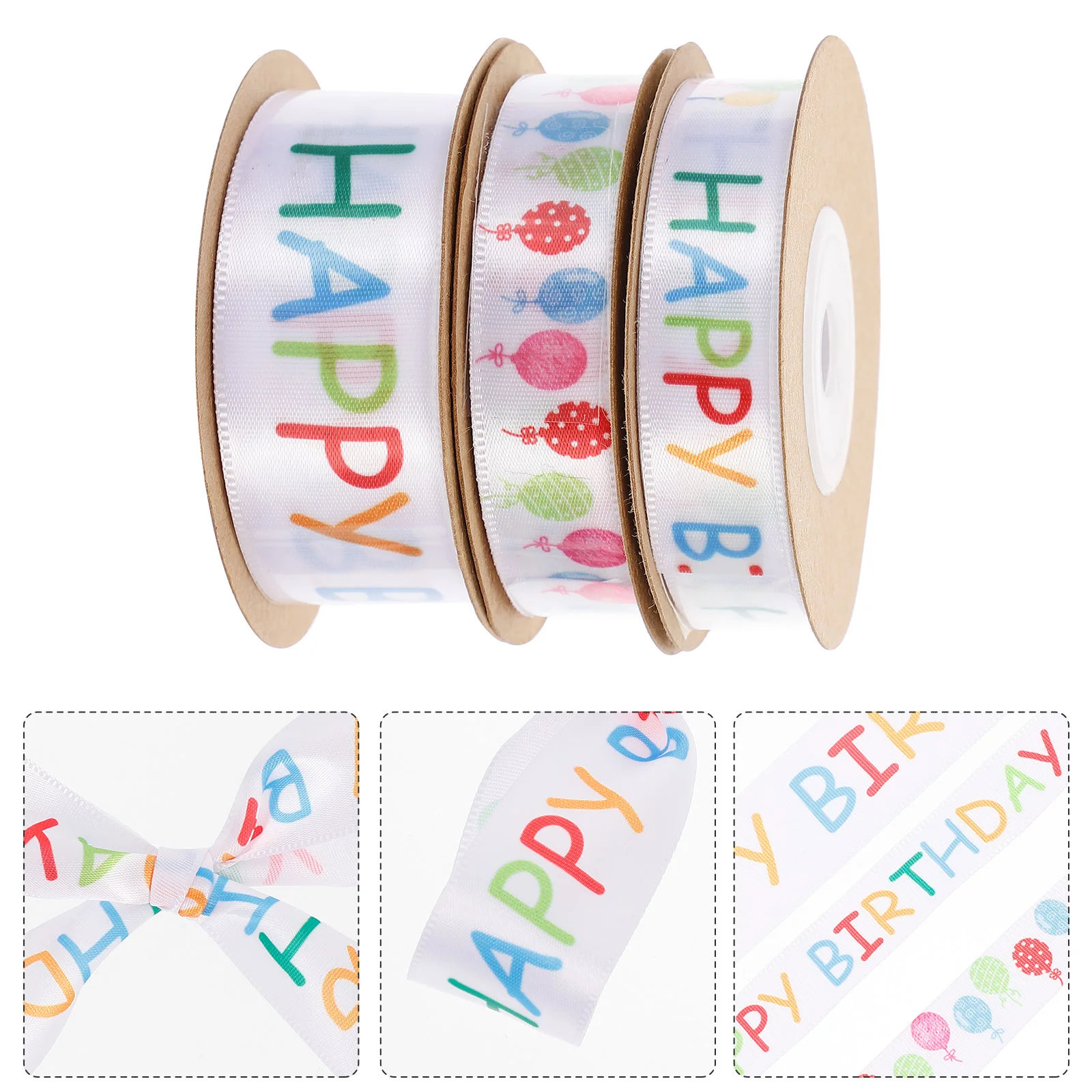 

3 Rolls Birthday Ribbon Gift Decorative Riband Bouquet Wrapping Banner Premium Polyester Bow Knots Hair Bands Cake Package