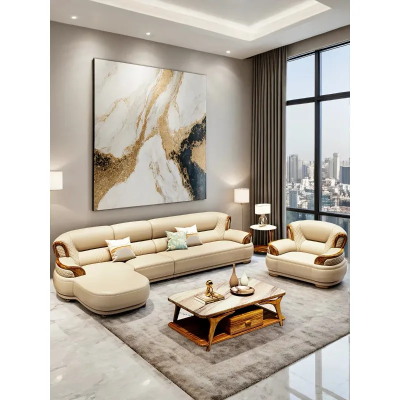 New Chinese-style Ebony Leather Sofa Corner First Layer Cowhide Modern Simple Solid Wood Light Luxury Living Room