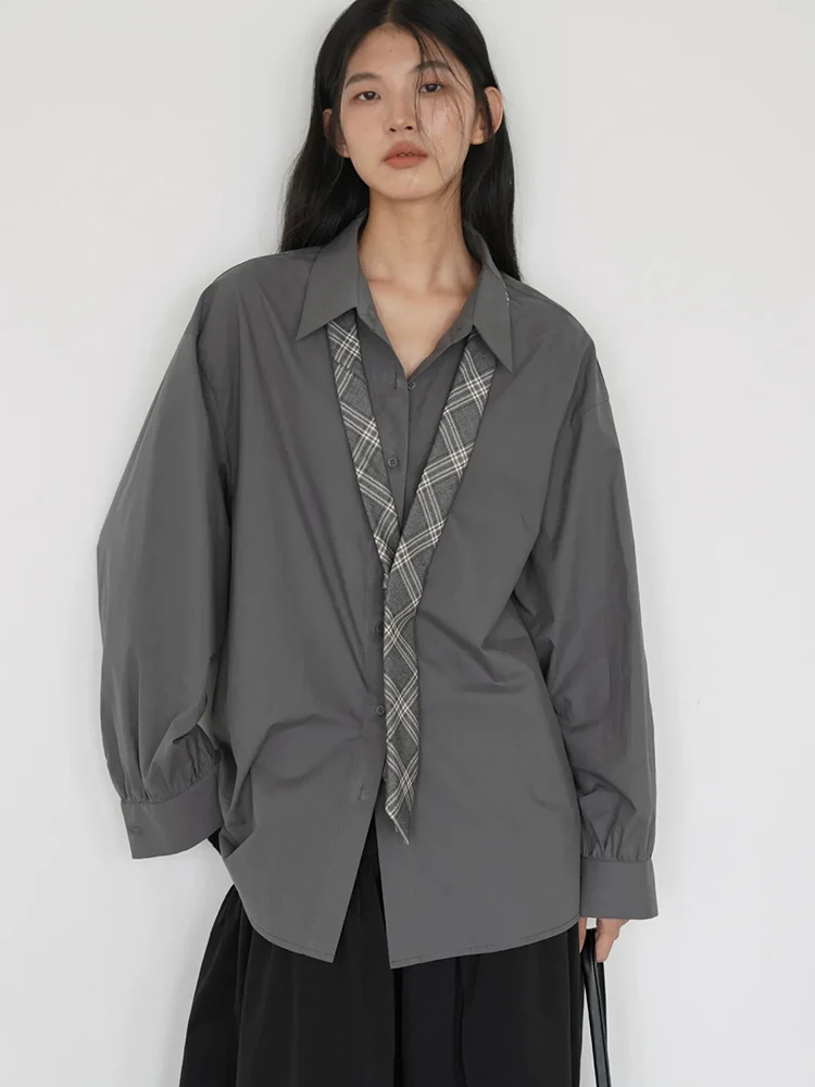

Vintage Tie Grey Shirt Long Sleeve Loose Casual Elegant Women Autumn Blouse Button Simple Office Lady Retro All Match New Tops