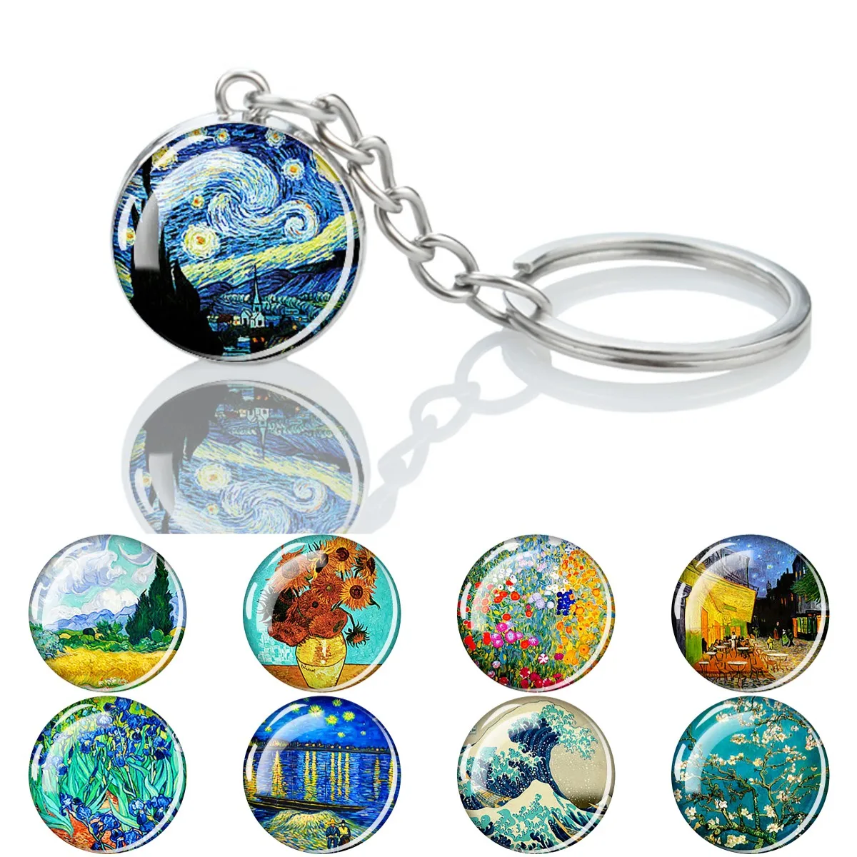 Van Gogh Painted Glass Ball Keychain Art Picture Double Sided Glass Keychain Fashion Accessories Backpack Pendant Best Gift