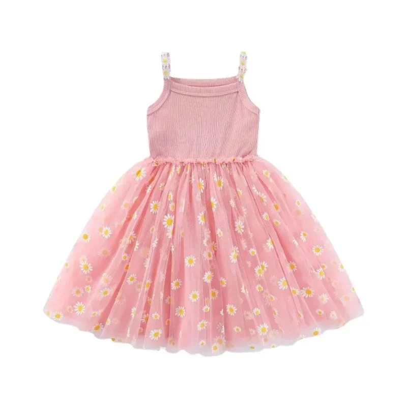 Daisy Floral Princess Dress Children Flower Embroidery Sling Mesh Cute Girls Dress Summer 2024 New Small