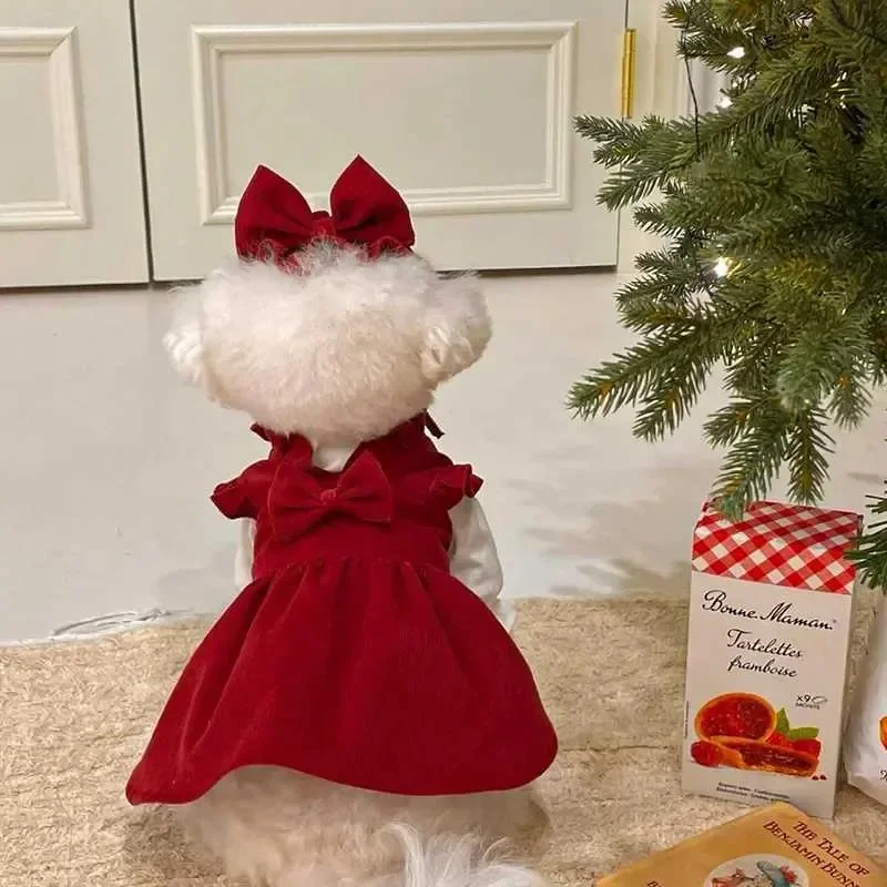 

High Quality NONOR SS Dog Christmas Bow Skirt Pet Cat Dog Corduroy Dress Coat Dog Sweater Pet Clothing Chihuahua York XS-XXL T24
