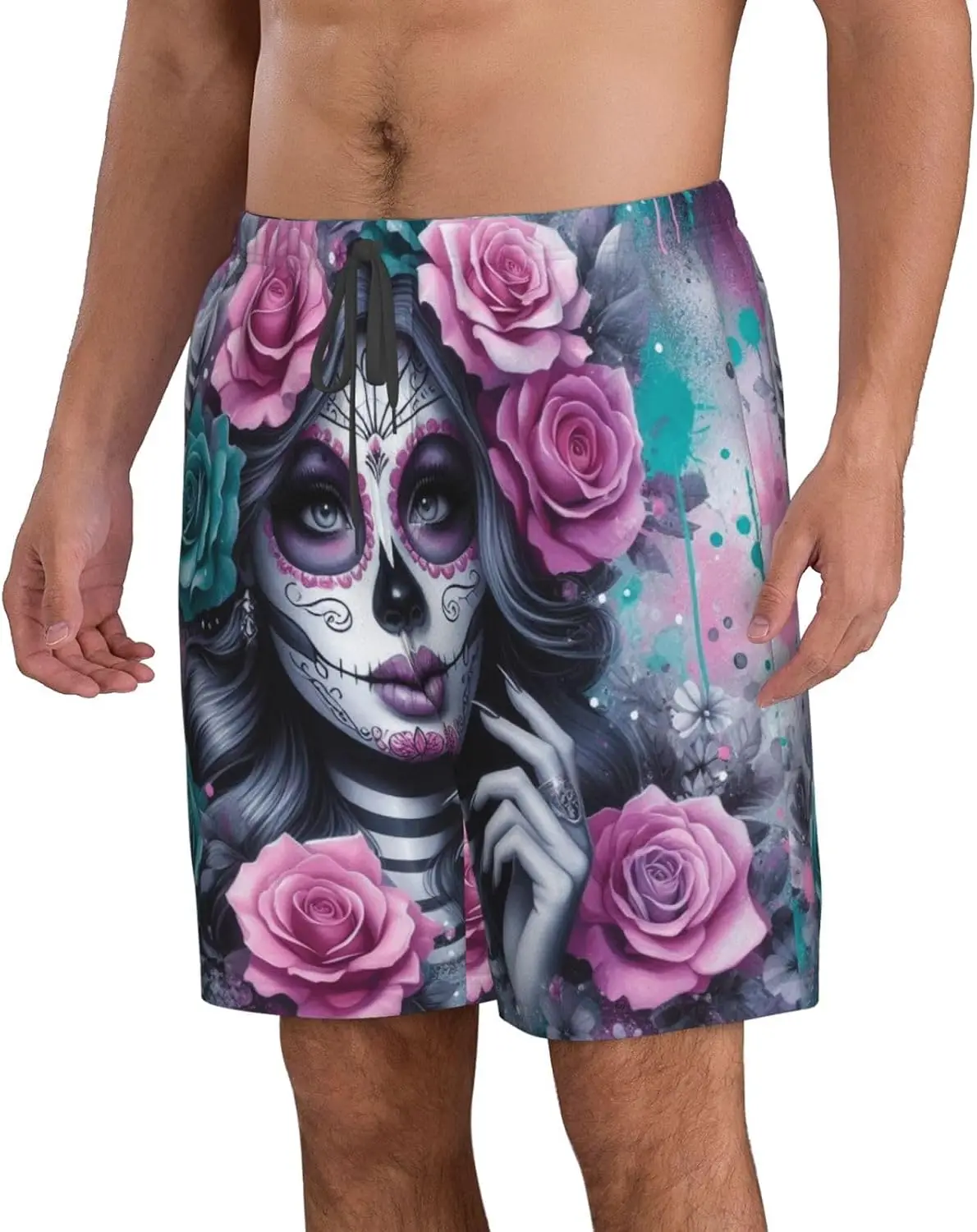 Mexico Sugar Skull Roses Men's Hawaiian Beach Shorts Quick Dry Swim Trunks Elastic Swimwear with Pockets
