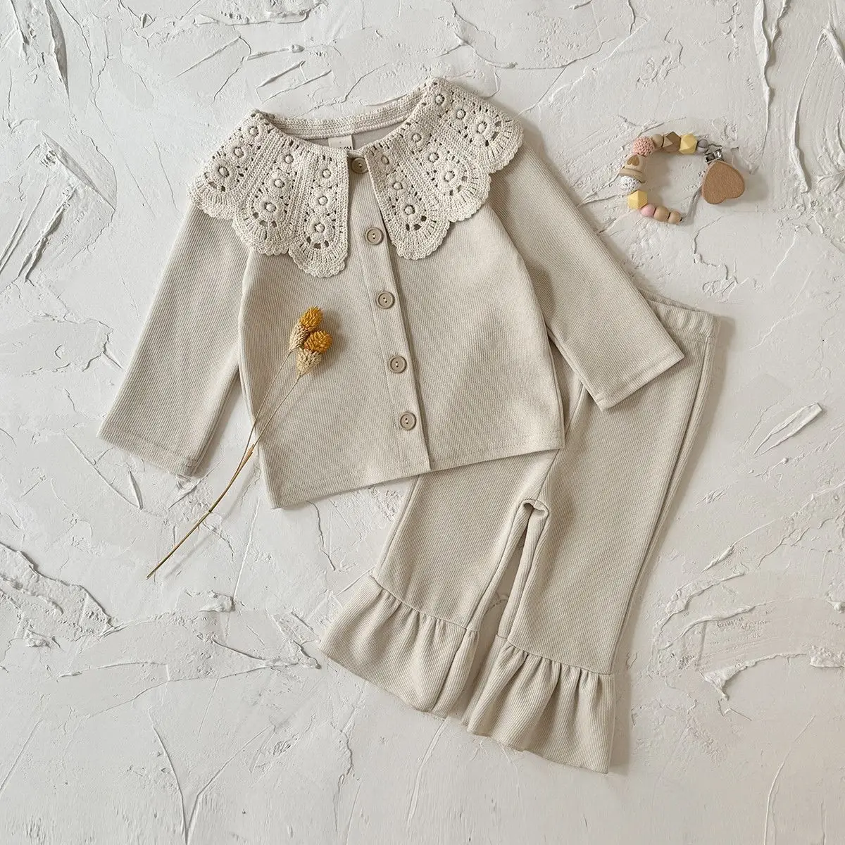 Korean Sweet Girl Set Baby Gentle Two Piece Set Spring and Autumn Knitted Lace Big Collar Micro Pull Pants