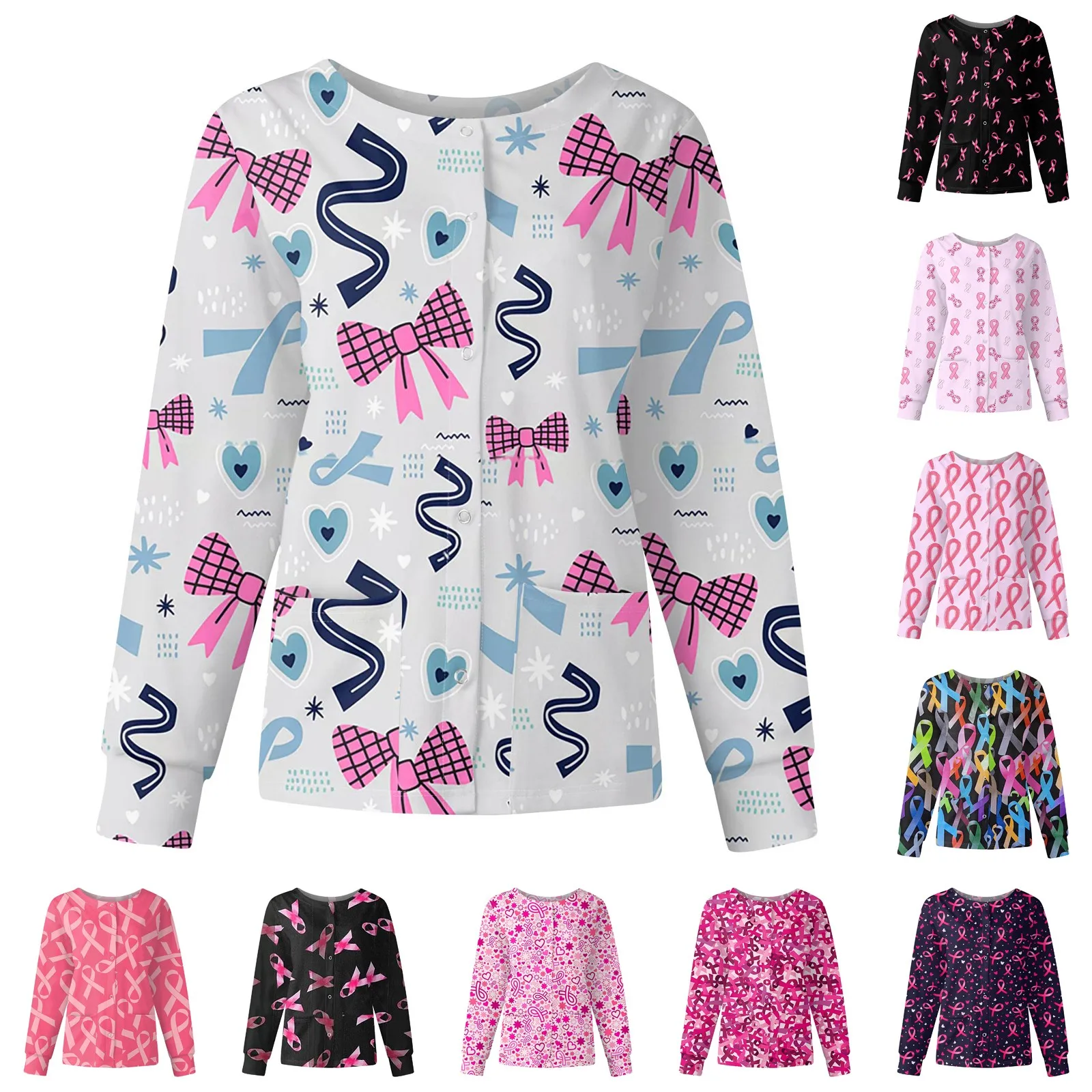 المرأة عادية طويلة الأكمام التمريض موحدة واحدة الصدر المطبوعة سترة القمم الجولة الرقبة جاكيتات التمريض ملابس العمل