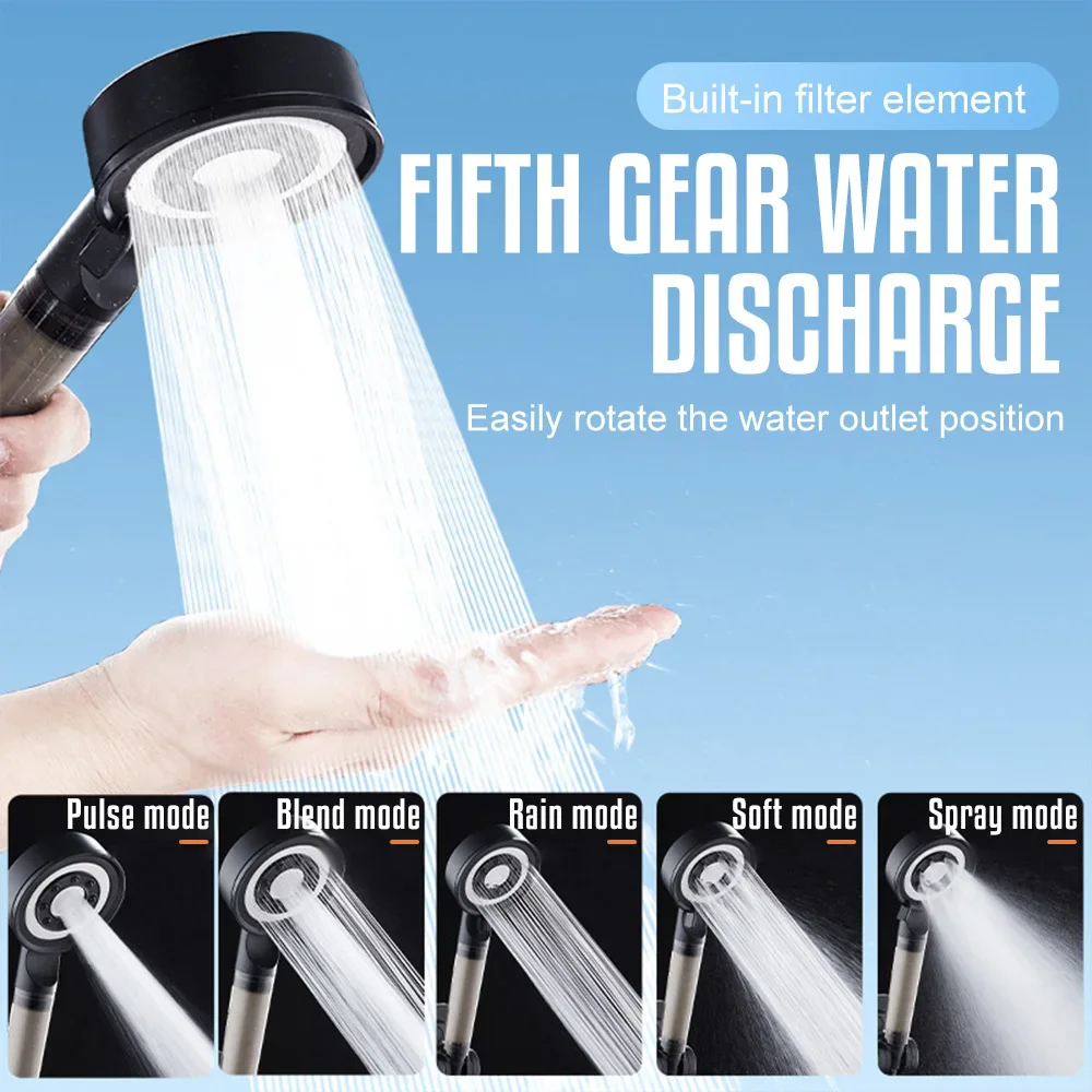 Black Silver Bathroom Shower Head High Pressure 5 Speeds Shower Massage Spa Showerhead with Filter Faucet Bathroom Accessories