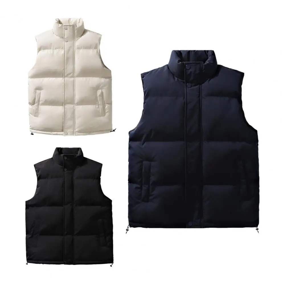 

Men Vest Jacket Stand Collar Solid Color Zipper Cotton Padded Thicken Cold Proof Straight Waistcoat Men Streetwear Vest Jacket