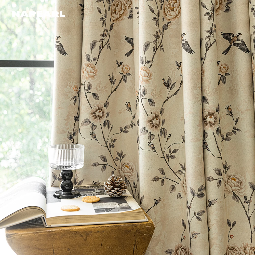 1 Stück Eleganter Beiger Blumen-Vogel-Vorhang für Schlafzimmer Wohnzimmer Vintage Pfingstrosen-Muster Verdunkelungsvorhänge Heim-Dekoration