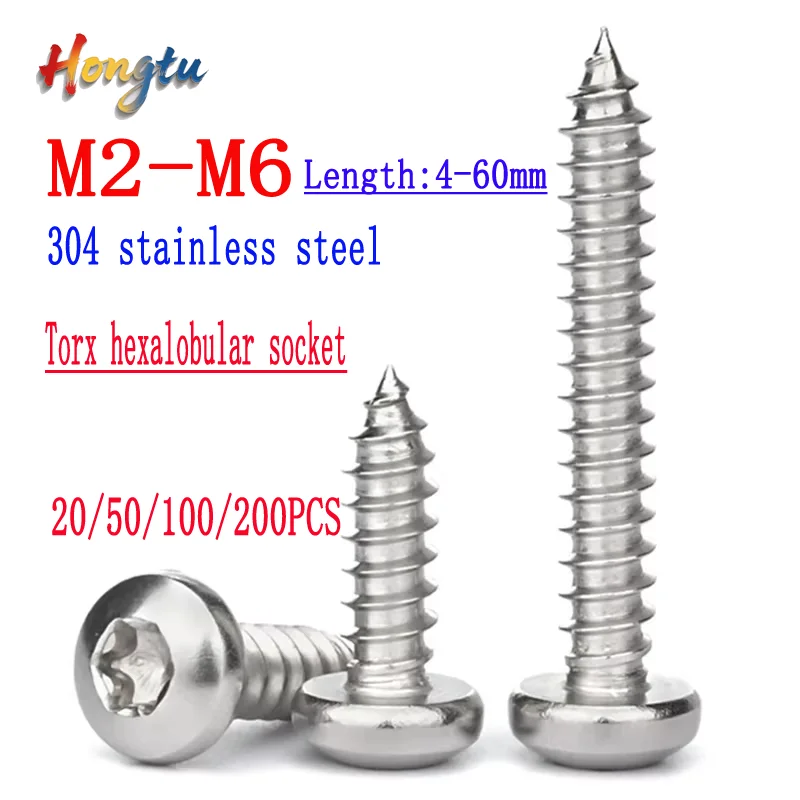 

304 stainless steel screws (M2 to M6): Torx hexalobular socket round head tapping screws and pan head six-lobe wood screws.
