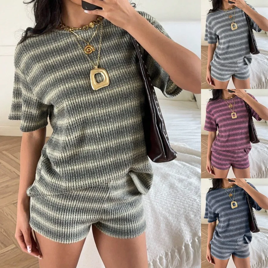 

Womens Matching Sets Shorts Striped Two Piece Waffle Knit Short Pants Round Neck Top Summer Shorts Loose Fit Set Casual Shorts