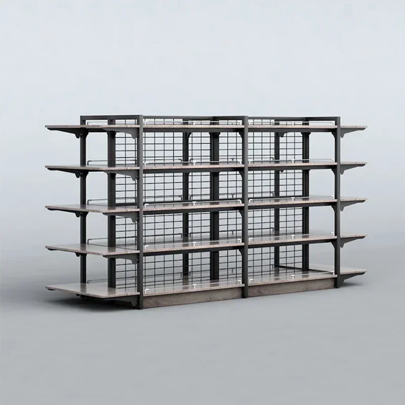 Small convenience store gray latticed display racks supermarket grid steel gondola shelving steel and wood beverage shelf