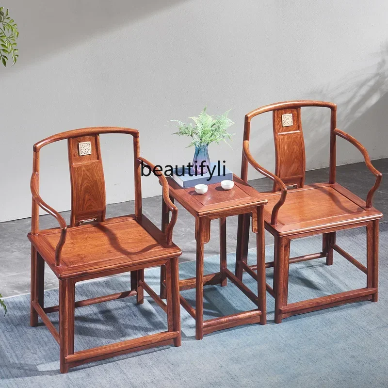 Rosewood Nangong Chair Pterocarpus Erinaceus Poir. Chair Rosewood Ming-Qing Period round-Backed Armchair Three-Piece Set