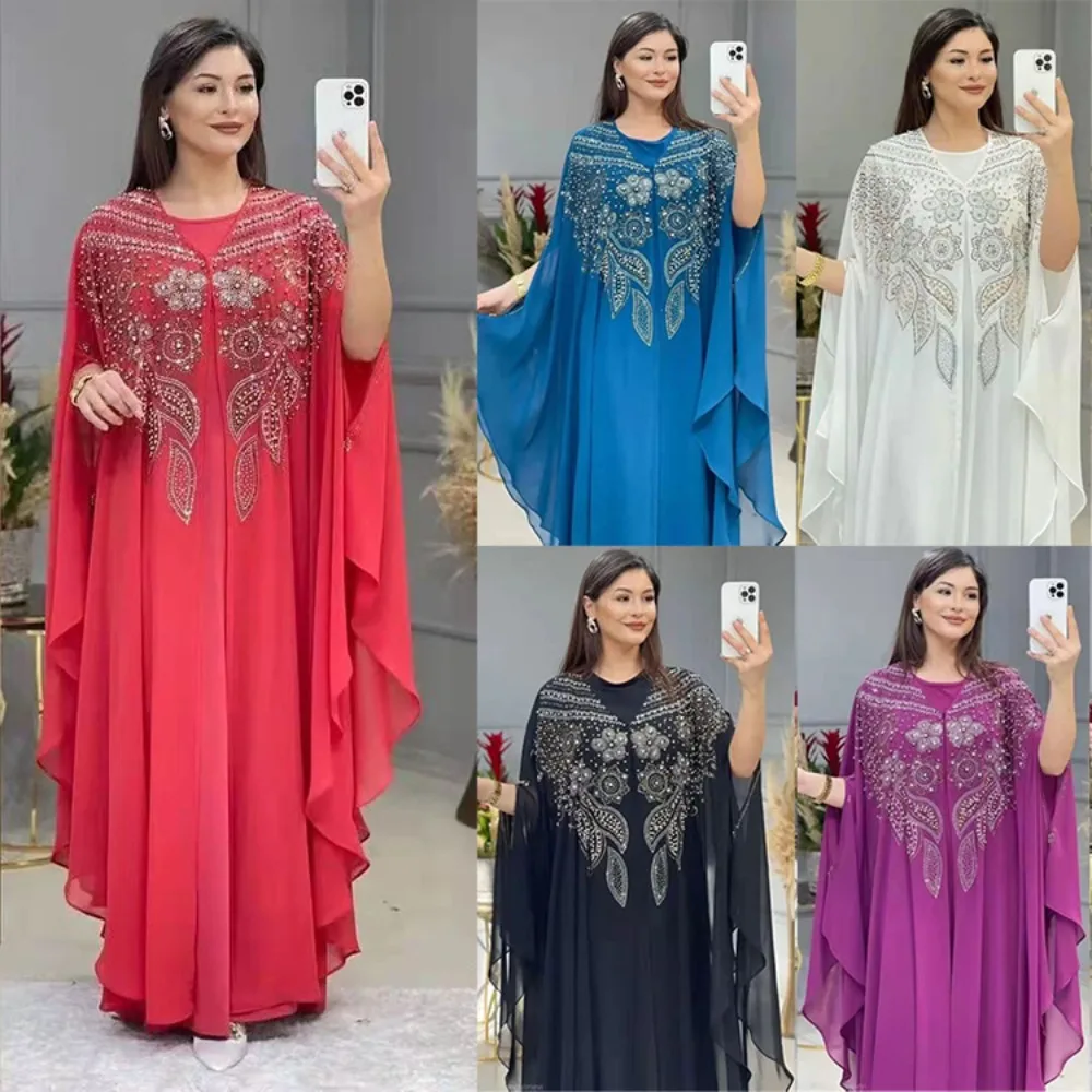 Spring Muslim Eid Women Elegant Diamond Evening Dress Party Batwing Sleeve Long Dresses Ramadan Abayas Caftan Kaftan Abaya