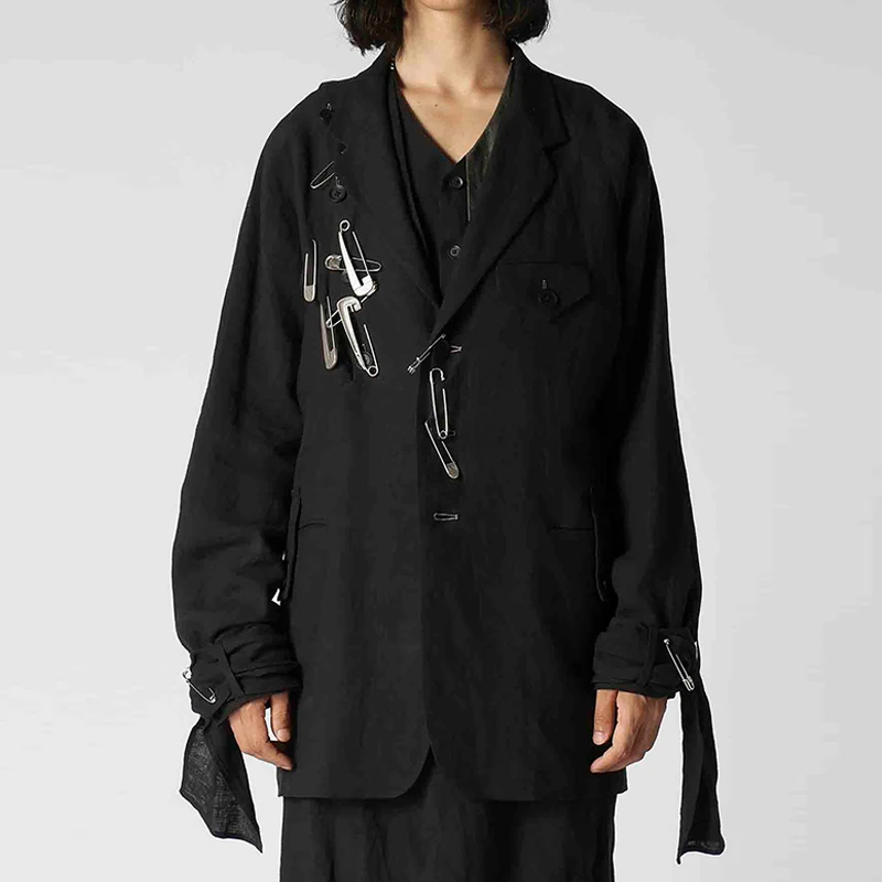 

YOJI OOAK Linen Personality asymmetrical design top Coat Pin embellished lace-up sleeve jacket for men chic
