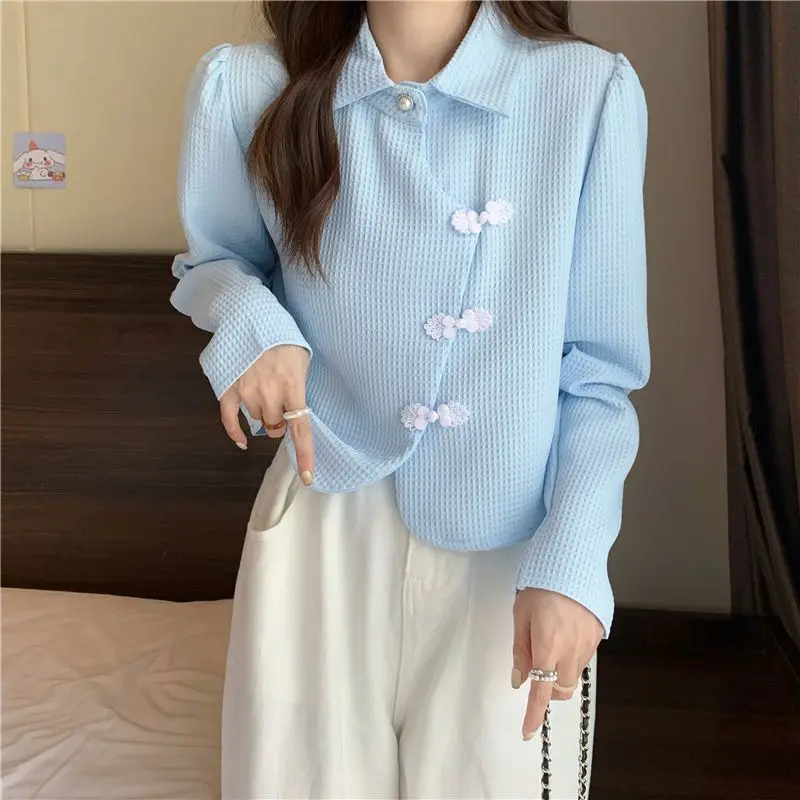 Short Shirts Women Chinese Style Retro Frog Design Minority Spring Autumn Long Sleeve Clothing Solid Loose Temperament Stylish