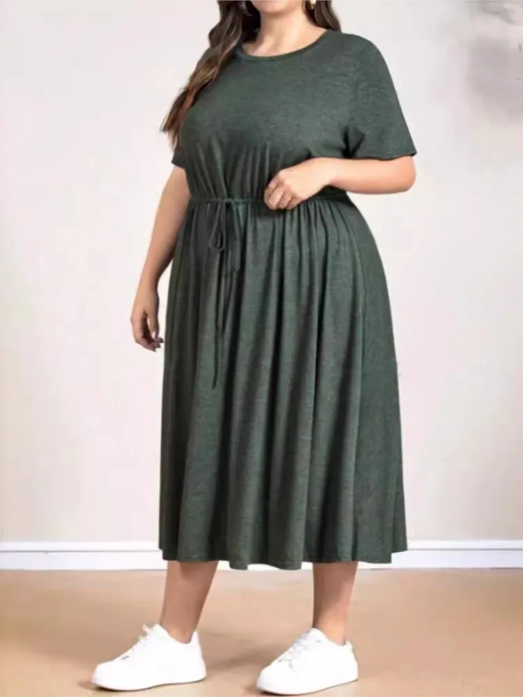 Plus Size Summer Pullover Midi Dress Women Loose Ruffle Pleated Fashion Short Sleeve Ladies Dresses Casual A-Line Woman Dress