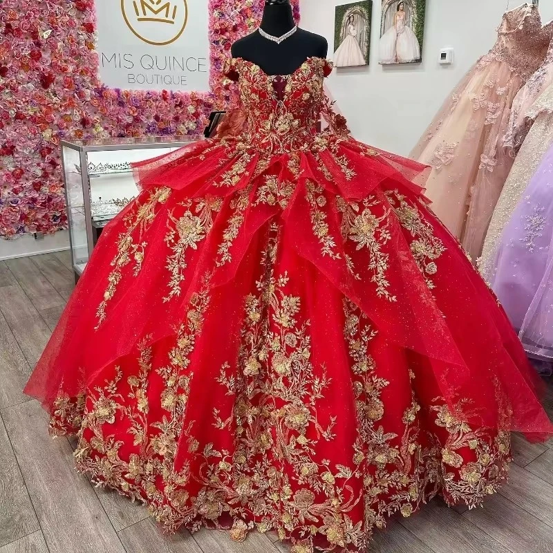 

Luxury Red Sweetheart Princess Quinceanera Dresses Off Shoulder Sparkly Appliques Lace Crystal Tull Vestidos De 15 Años Prom