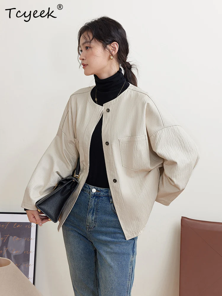 Tcyeek 리얼 양가죽 봄 가을 하이엔드 레트로 라운드 넥 여성용 천연 가죽 재킷 여성용 진짜 가죽 재킷