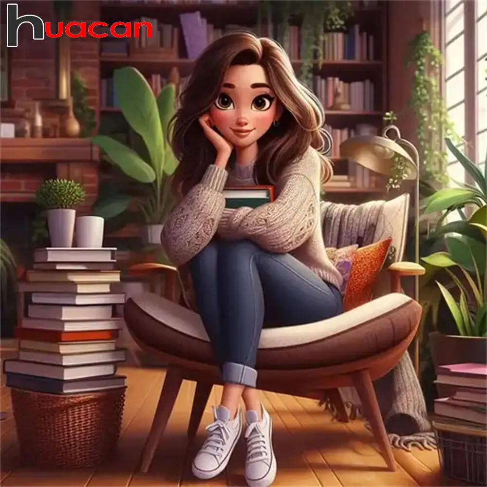 Huacan Diamond Painting 5D DIY Beauty Girl Portrait Bookshel