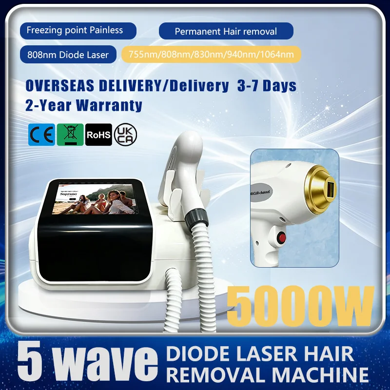 5 Wave Diode Laser Hair Removal Machine 5000W Painless Freezing Point CE 2Y Warranty Overseas Warehouse Shipping
