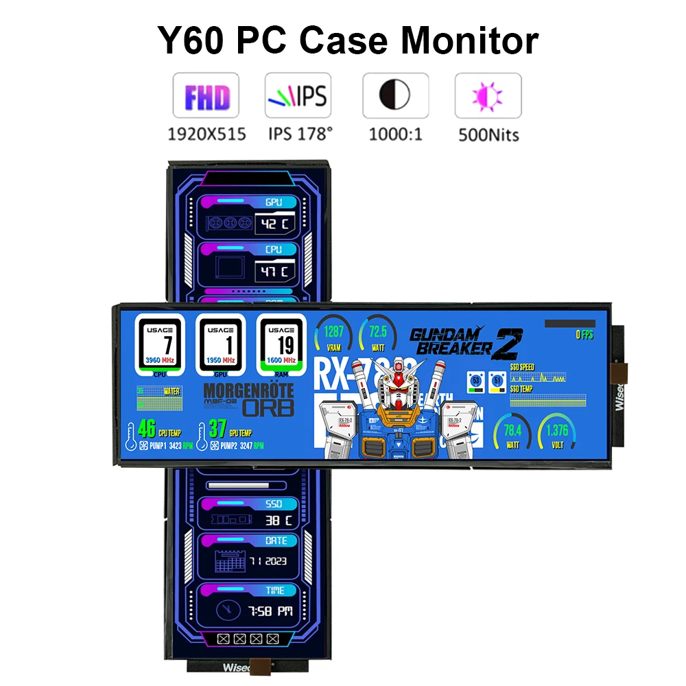 Wisecoco Portable Monitor 12.6 inch DIY PC Case Gamer LCD Auxiliary Display Screen Velocity CPU GPU Temperature for Y60 Case