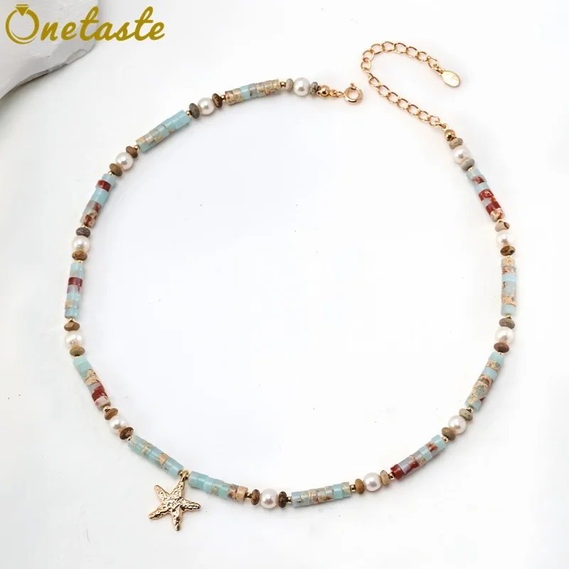 

Ожерелье-розарий из цветных камней и жемчуга для женщин, серебро 925 пробы, с милым кулоном в виде морской звезды, модное, уникальное, подарок