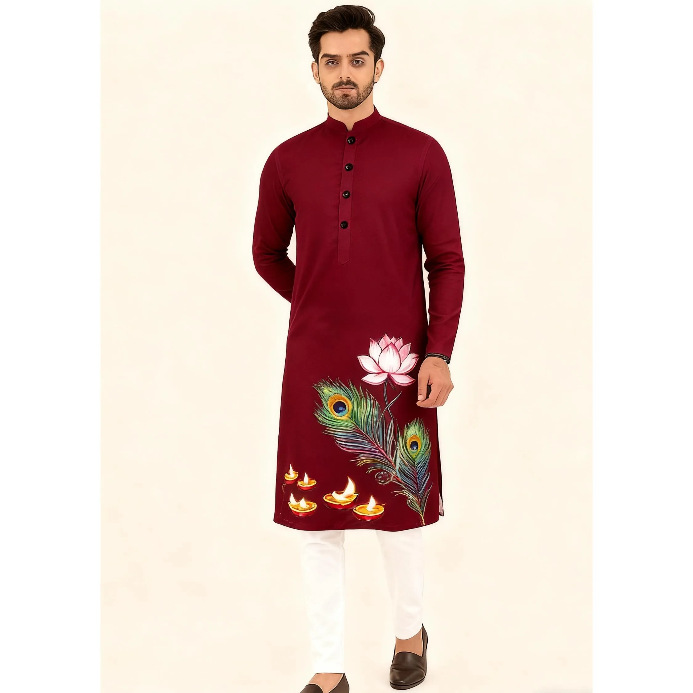 الرجال المسلمات الإسلامية العربية عباية رداء العرقية طباعة الوقوف طوق الشباب منتصف طول قميص معطف فاخر ملابس مسلمة عصرية غير رسمية #1