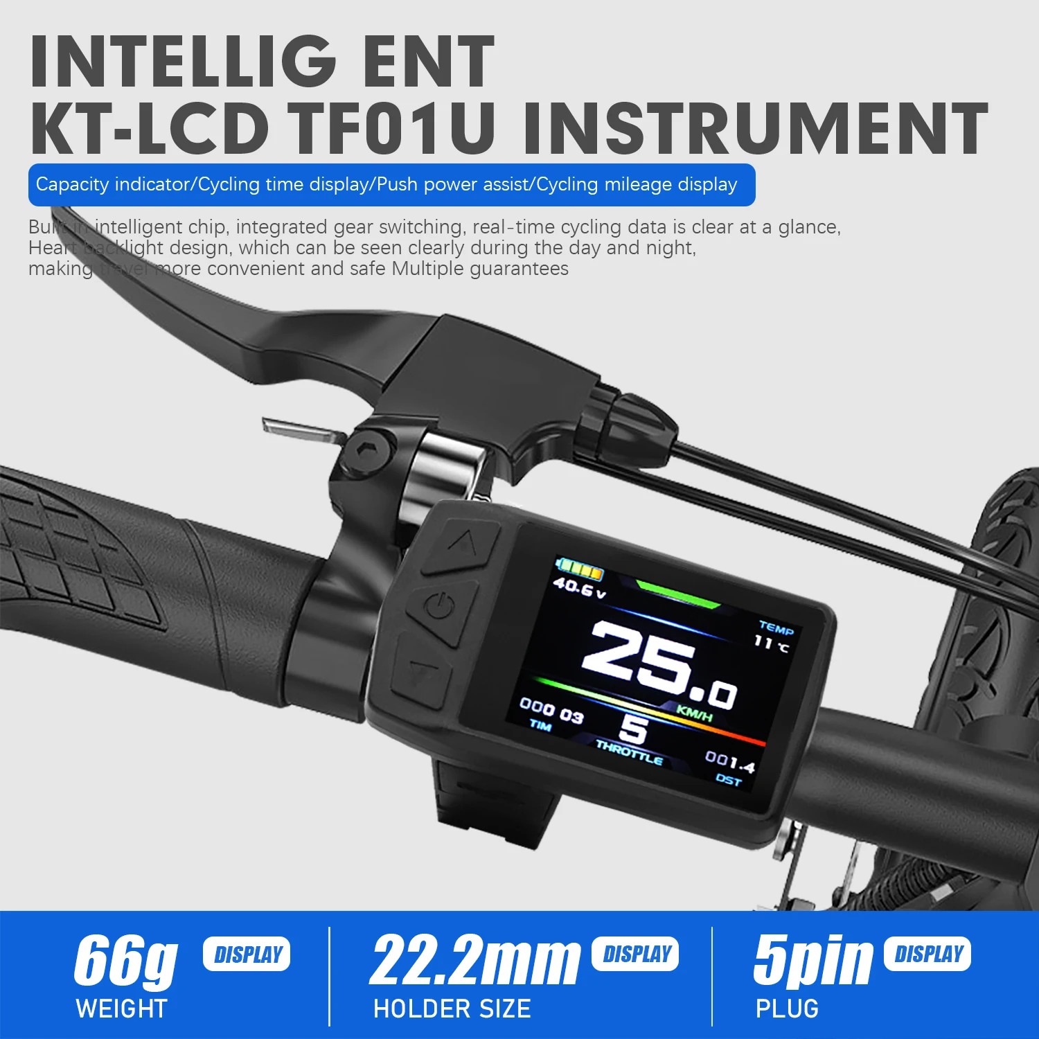 

Ebike Display 24V 36V 48V KT TF01U Ebike LCD Kunteng Color Display 5pin SM/Waterproof Plug For Electric Bicycle Conversion Kit