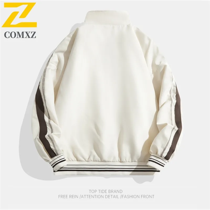 COMXZ خريف جديد الرجال ربيع الخريف العصرية فضفاضة تناسب الحد الأدنى عادية الوقوف طوق الشباب مخطط سترة زوجين ارتداء ملابس خارجية