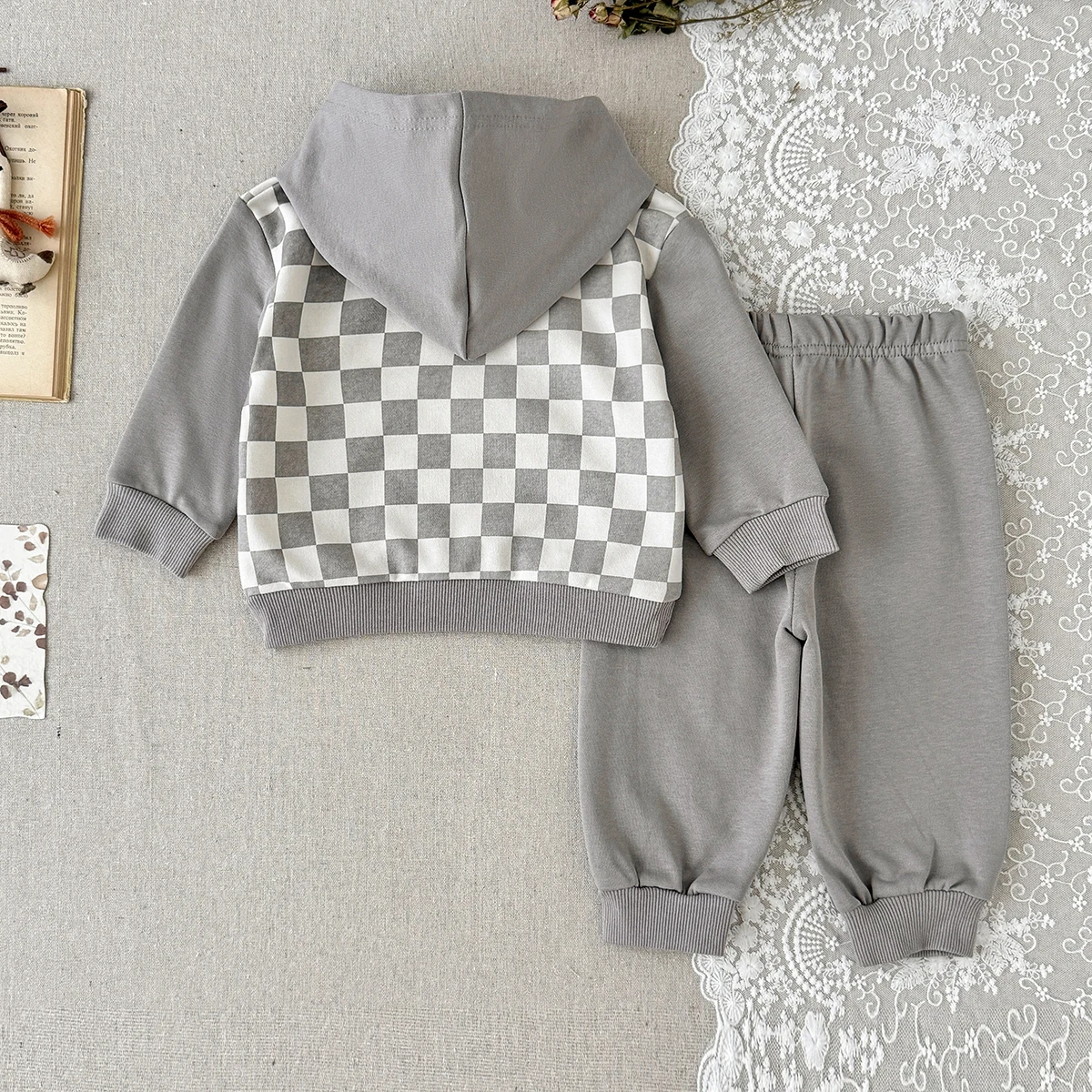Spring Autumn Baby Ins Plaid Color Block Hooded Outfit, Infant Kangaroo Pocket Long Sleeve Top Cuffed Sweatpants