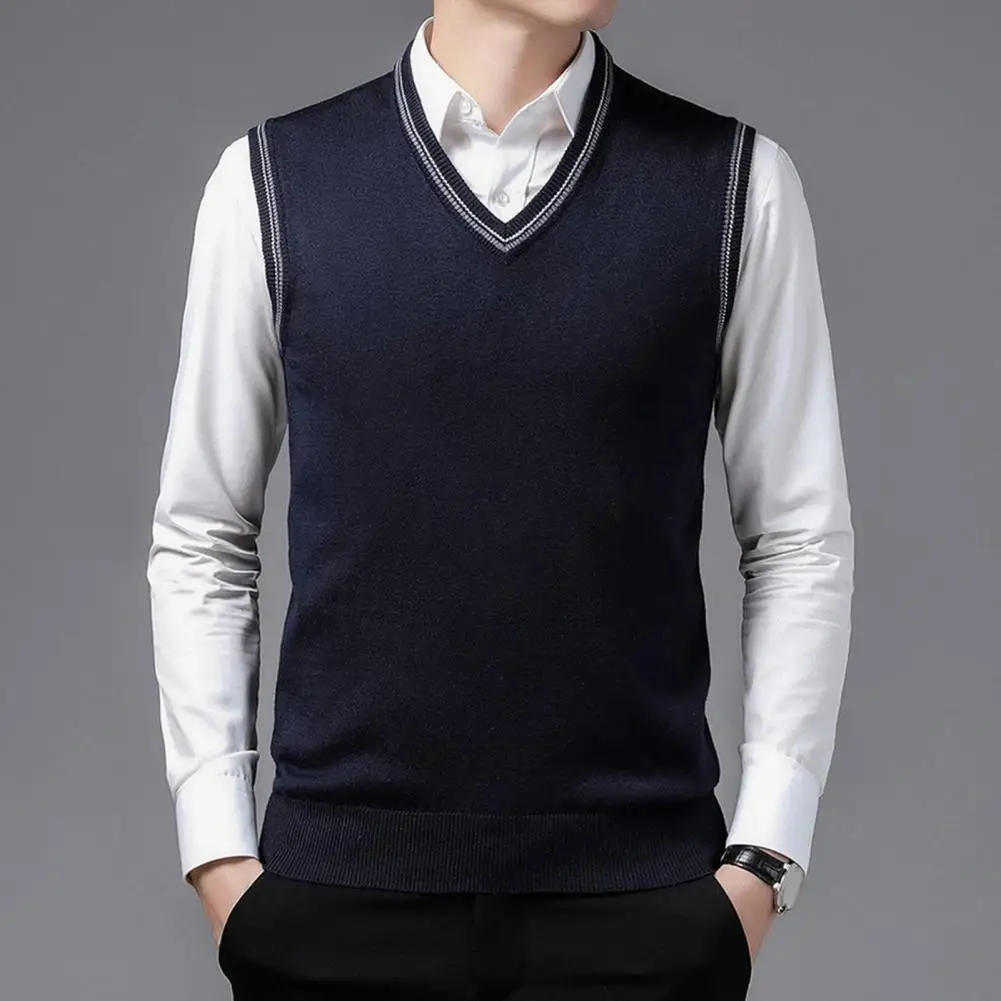 Knit Sweater Male Vest V Neck Men's Clothing Sleeveless Black Waistcoat Plain Solid Color Korean Fashion Cotton Tops