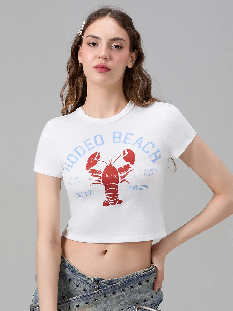 Women Cute Letter Lobster Print T-Shirt Fairy Grunge Short Sleeve Crew Neck Baby Tee  2024 Summer Slim Fit Crop Top