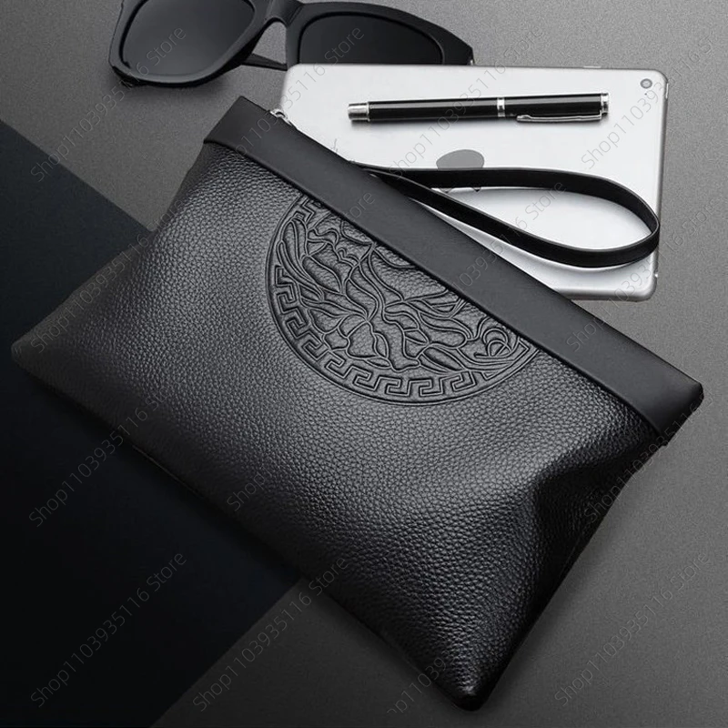 Fashion Men's Handheld Bag Business Large Capacity Retro Soft Face Leather Clip Casual Fashion Handheld Bag Zipper Bag Wallet