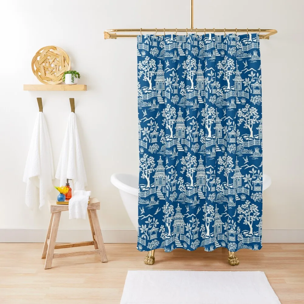 Chinoiserie Pagoda Dark Blue Shower Curtain Bathroom Box For Bathrooms With Beautiful Designs Bathtub Curtain