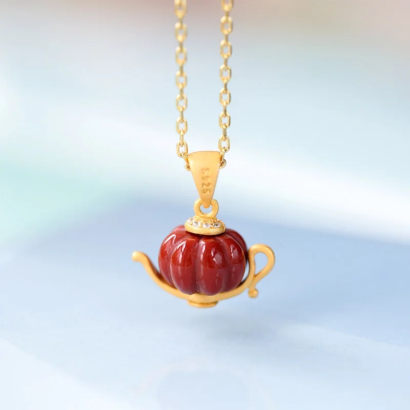 Southern red tourmaline teapot necklace exquisite fashion Aladdin's lamp pendant Chinese style retro creative women's jewelry