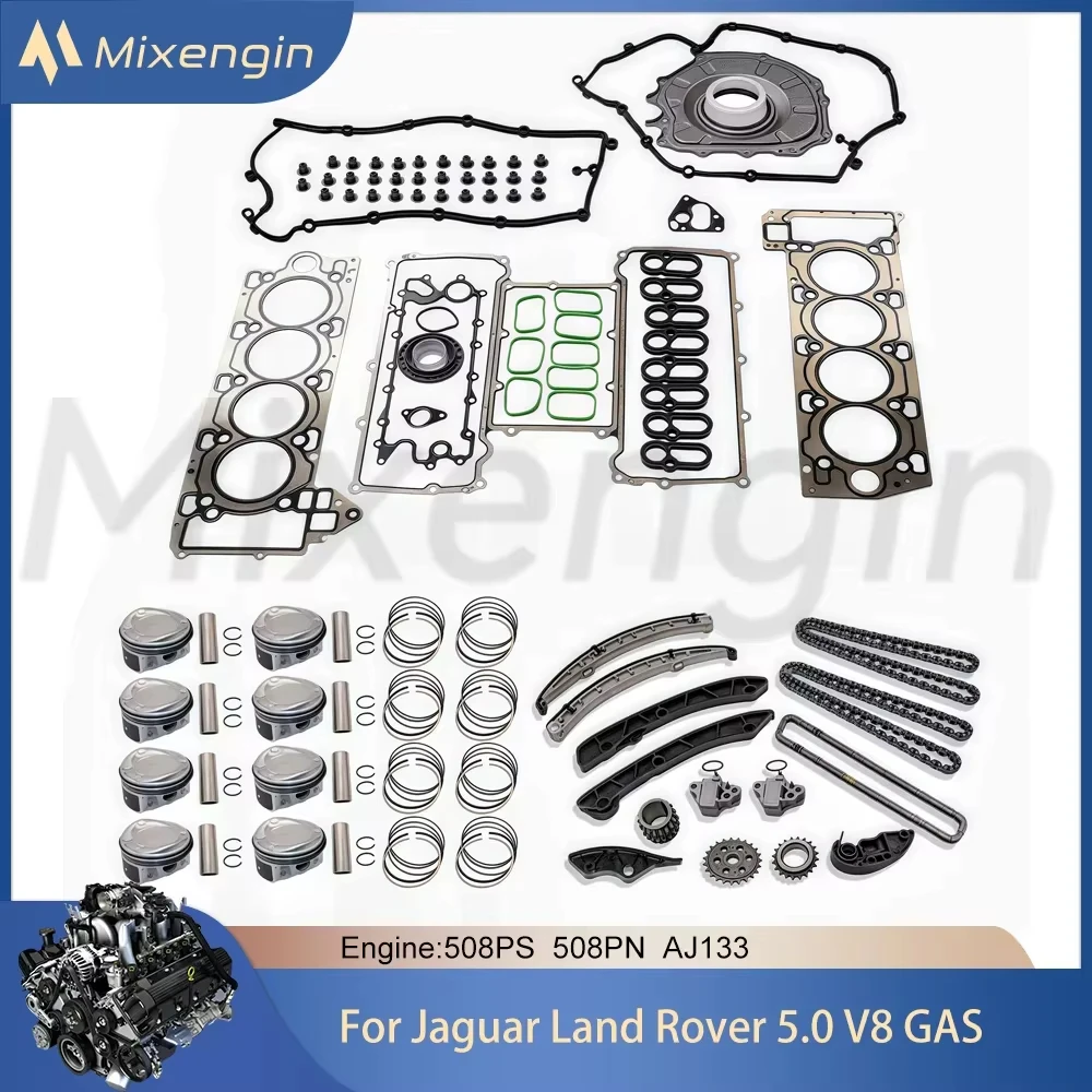 Auto Engine Parts Rebuild Overhaul Kit Fit 5.0 L T V8 GAS For Jaguar Land Rover 508PS 508PN AJ133 Piston Gasket Timing Chain Set