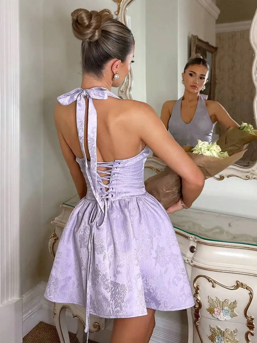 

Lavender Halter Neck Jacquard Mini Dress With Lace-Up Back And Ruffle Trim For Party Formal Occasion