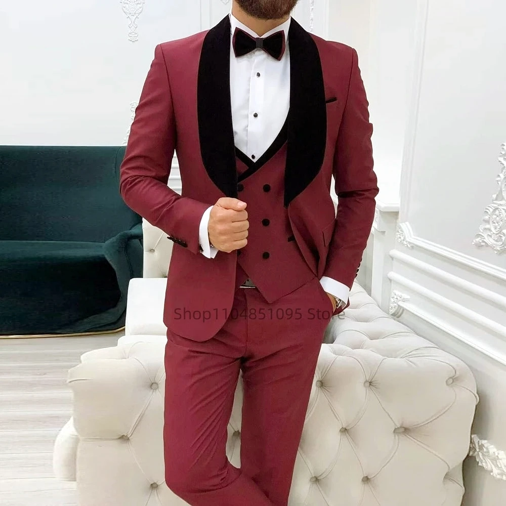 

Burgundy Men's 3-piece Suit Single-breasted Shawl Lapel Blazer Wedding Groom Tuxedo Outfit XS-6XL Party Dress Male Men Clothes