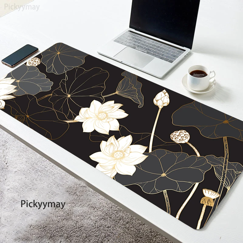 

Gold Black Large Mouse Pad Art Lotus Flower Desk Mat Mausepad Computer Desktop Carpet PC Deskpads Mouseapd Office Accessories