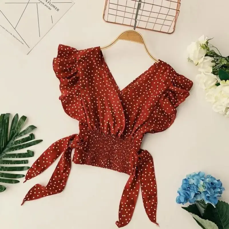 

Polka Dot Printing Chiffon Lace Up V-Neck Sexy Chic Flying Sleeve Women's Blouse Shirt Korean Fashion Female Clothing Tops 2024